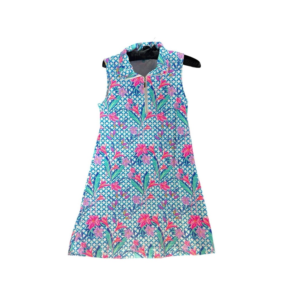 Anthony's Resort Wear Floral Golf Dress Womens M Blue Pink Tropical Quarter Zip